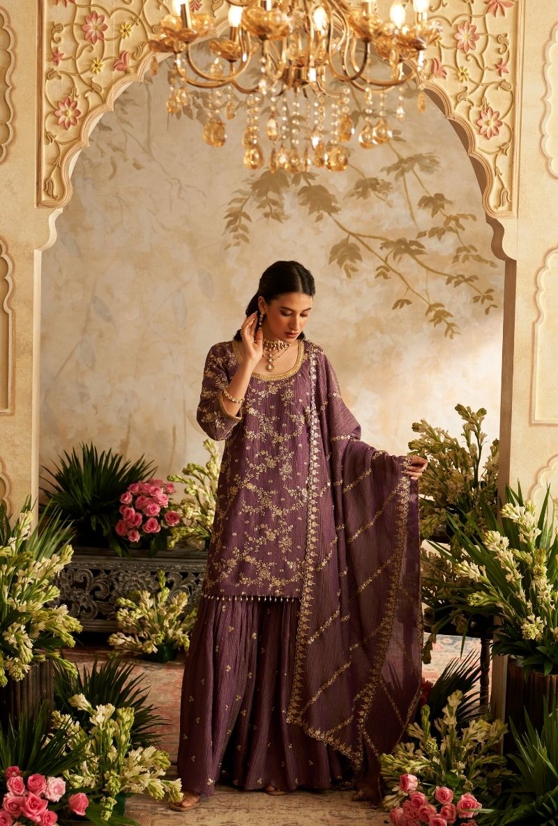 Purple Embroidered Rumi Gharara Set