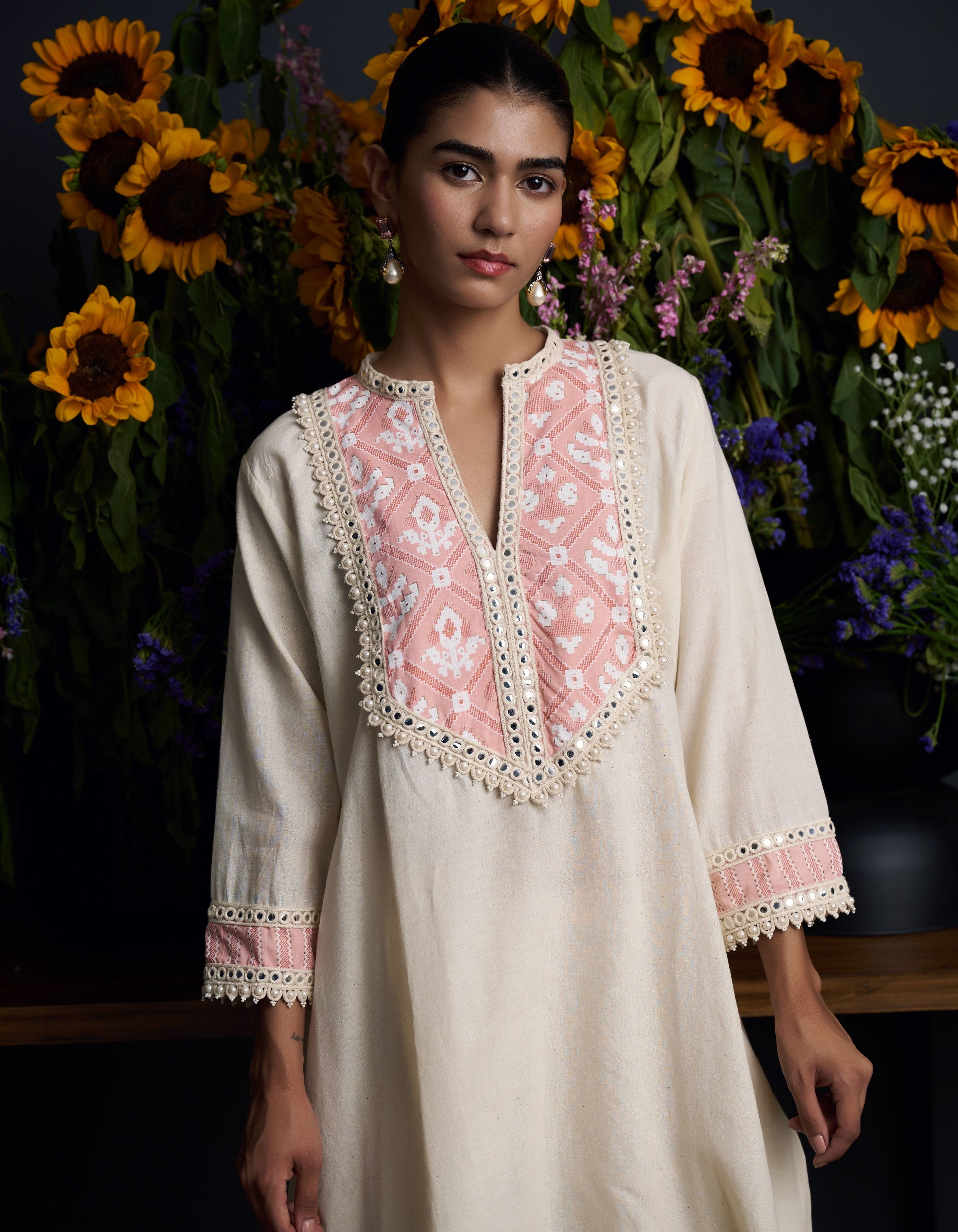 Beige Mirror Yoke Long Slits Kairavi Nadia Kurta Set