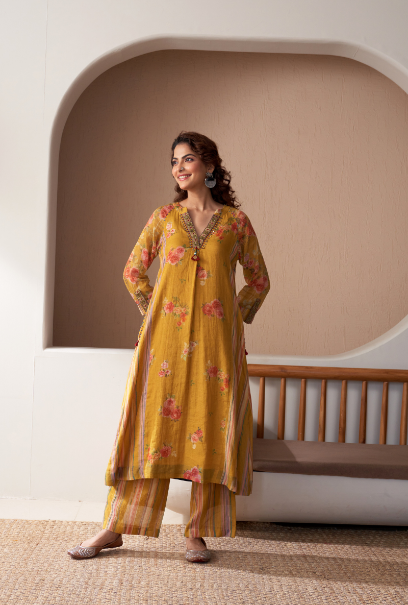 Mustard Embroidered V Neck Bageecha Kurta Set