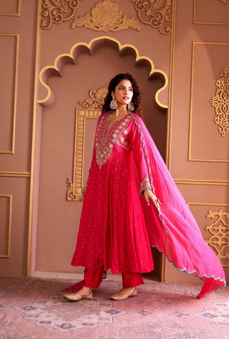 Pink Heavy Yoke Rasia Kurta Set