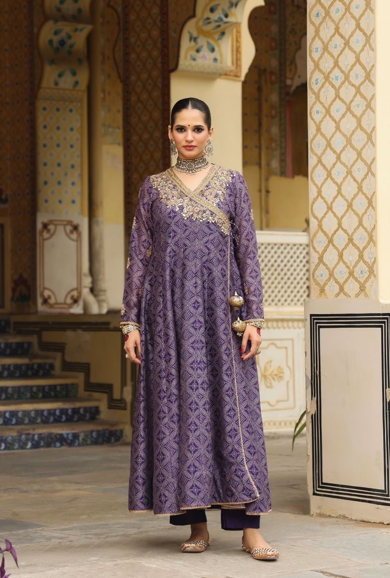Purple Printed Mehfil Angrakha Set