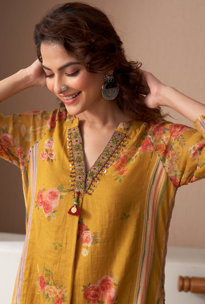 Mustard Embroidered V Neck Bageecha Kurta Set