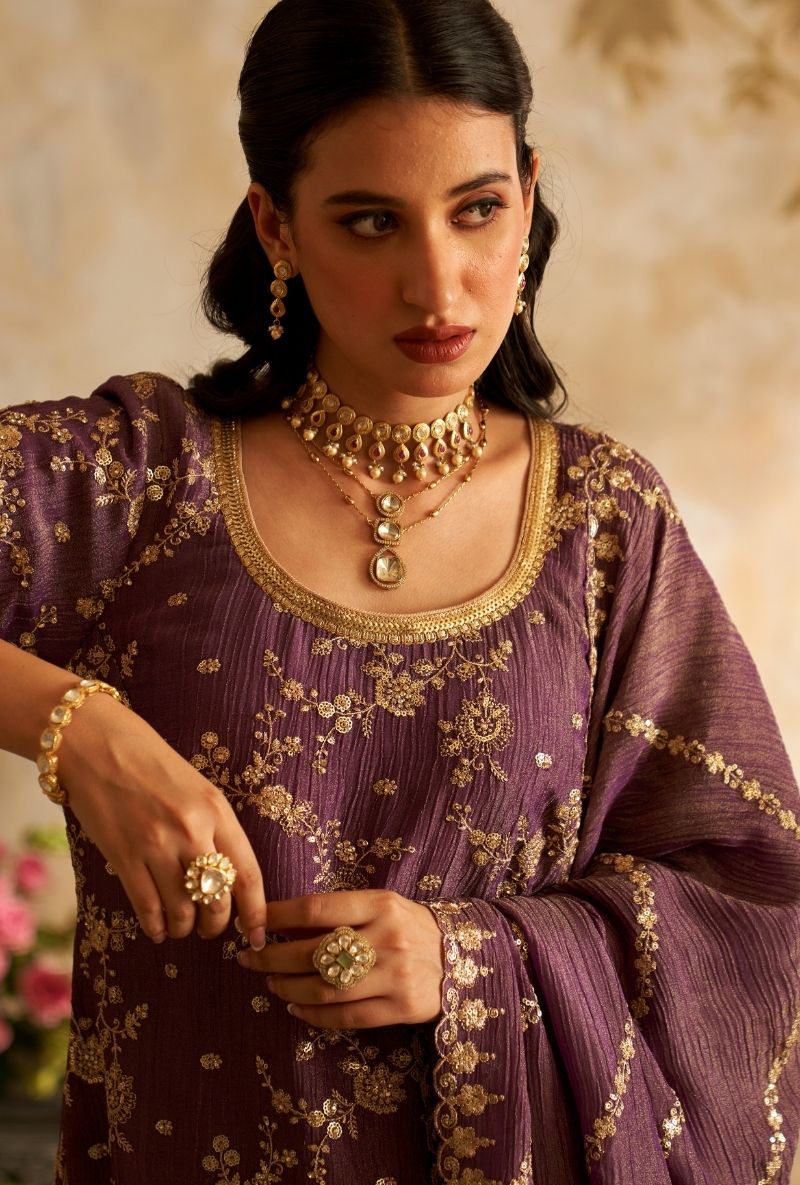 Purple Embroidered Rumi Gharara Set