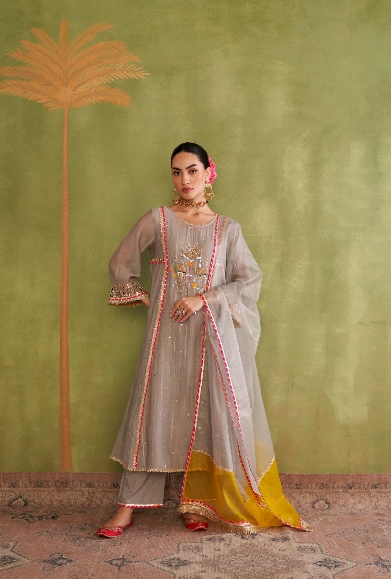 Grey Elephant Motif Morbagh Kurta Set