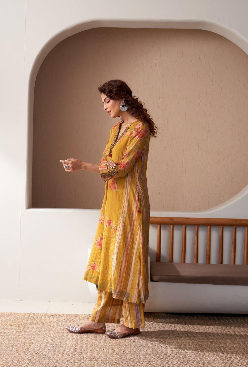 Mustard Embroidered V Neck Bageecha Kurta Set