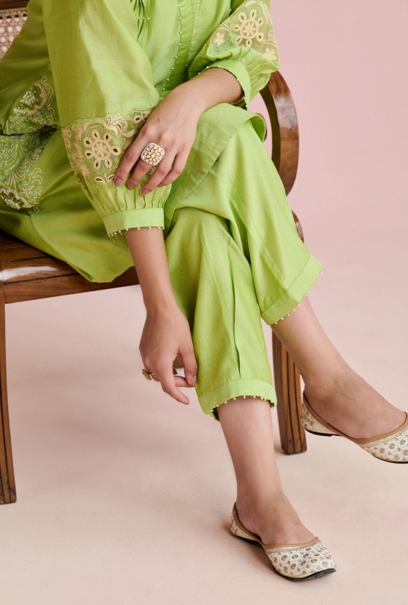Light Green Fine Pleated Smocking Amara Kurta Set