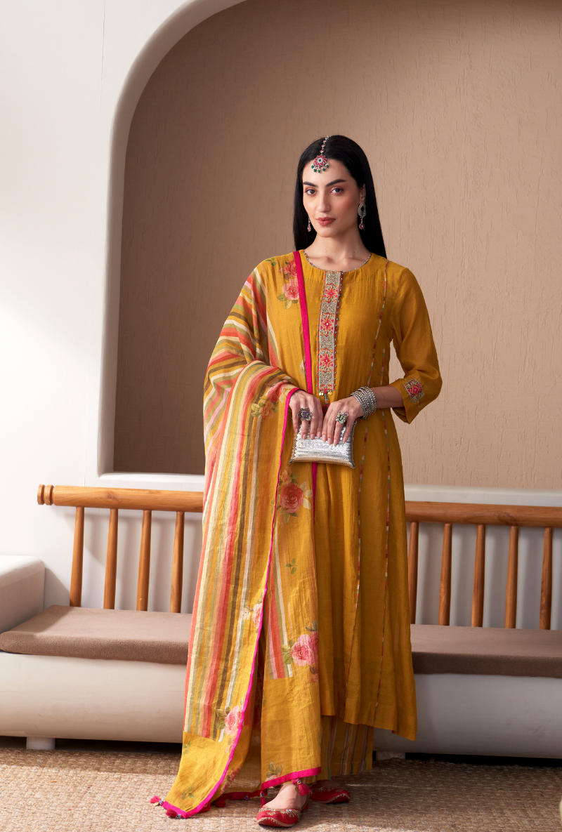 Mustard Embroidered Placket Bageecha Anarkali Set