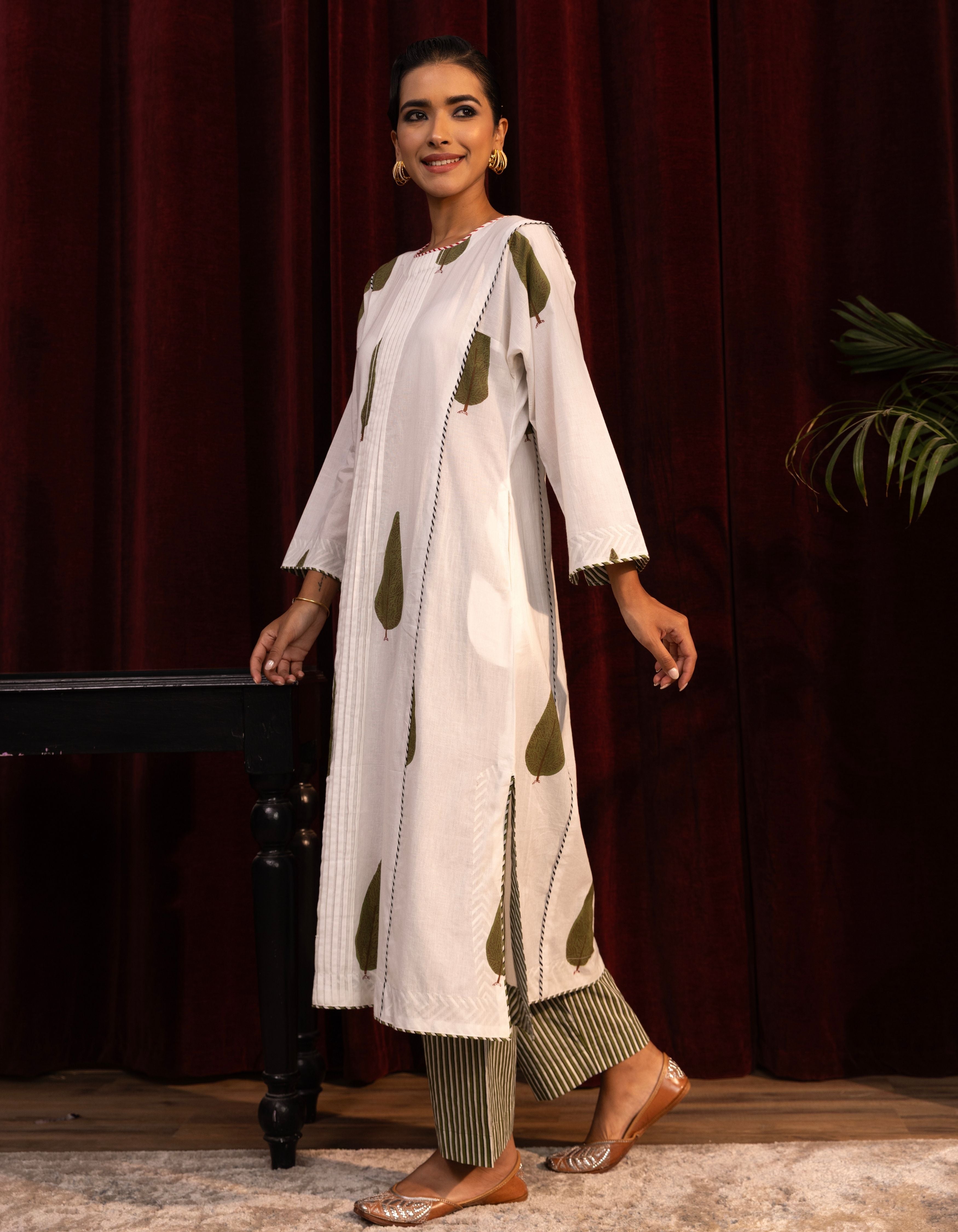 White Cypress Leaf and Stripes Print Mogra Kurta Set