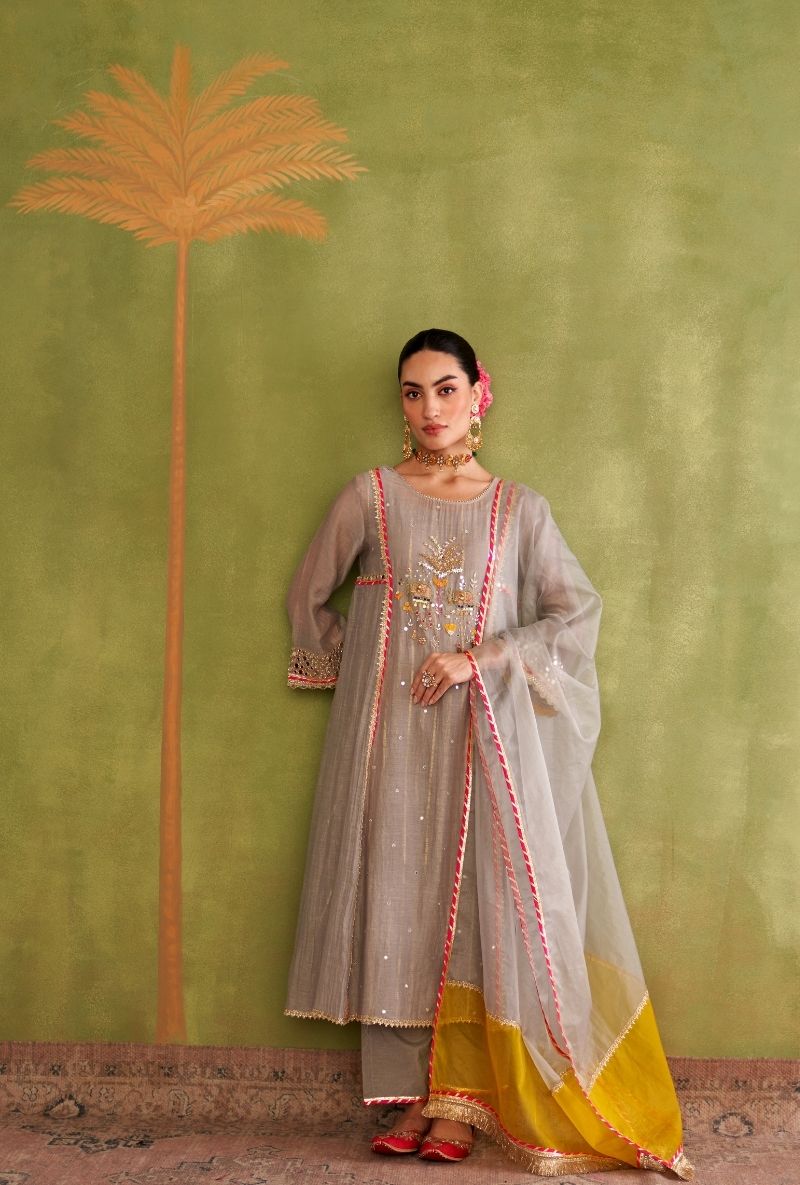 Grey Elephant Motif Morbagh Kurta Set