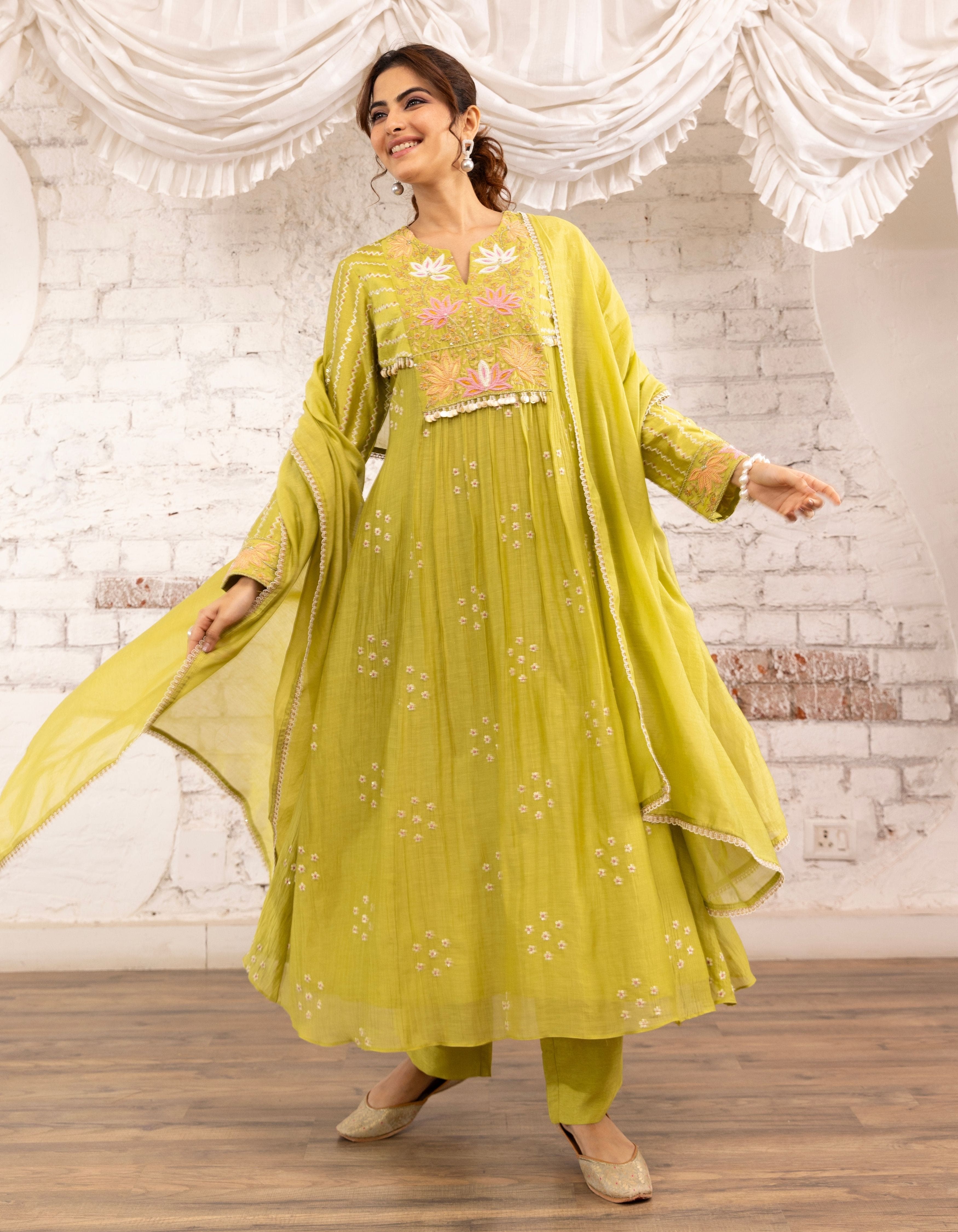 Green Lotus Yoke Noor Anarkali Kurta Set