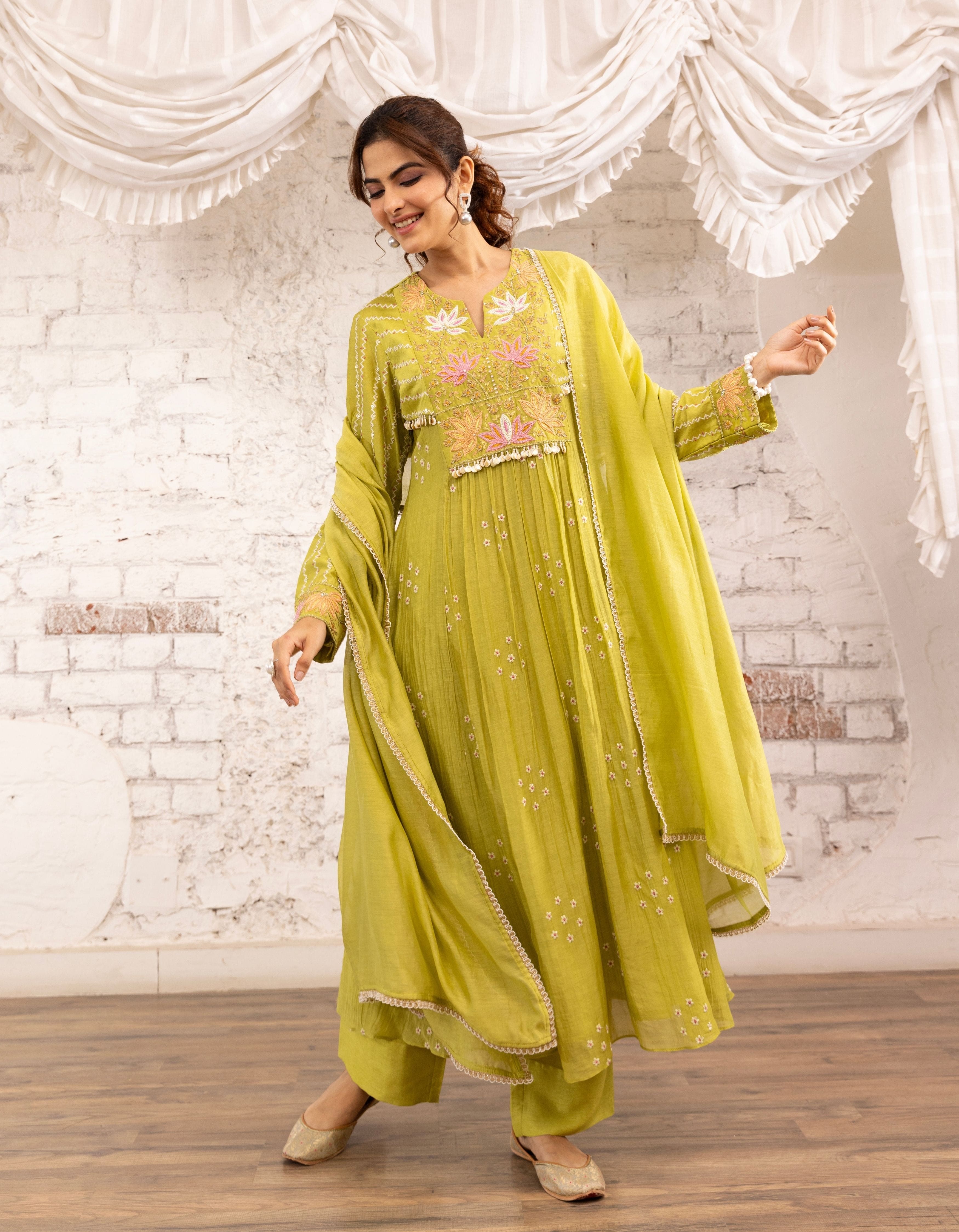 Green Lotus Yoke Noor Anarkali Kurta Set