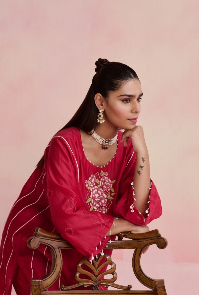 Raspberry Pink Motif Yoke Amara Short Kurta Set
