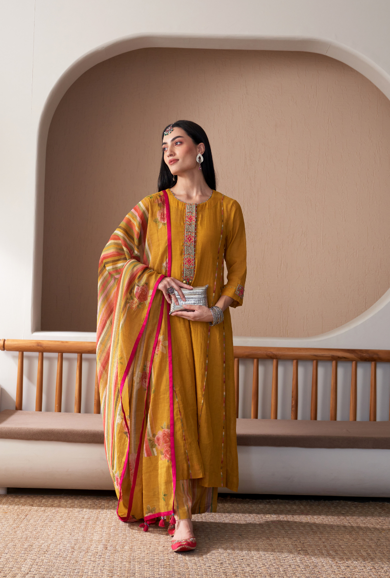 Mustard Embroidered Placket Bageecha Anarkali Set