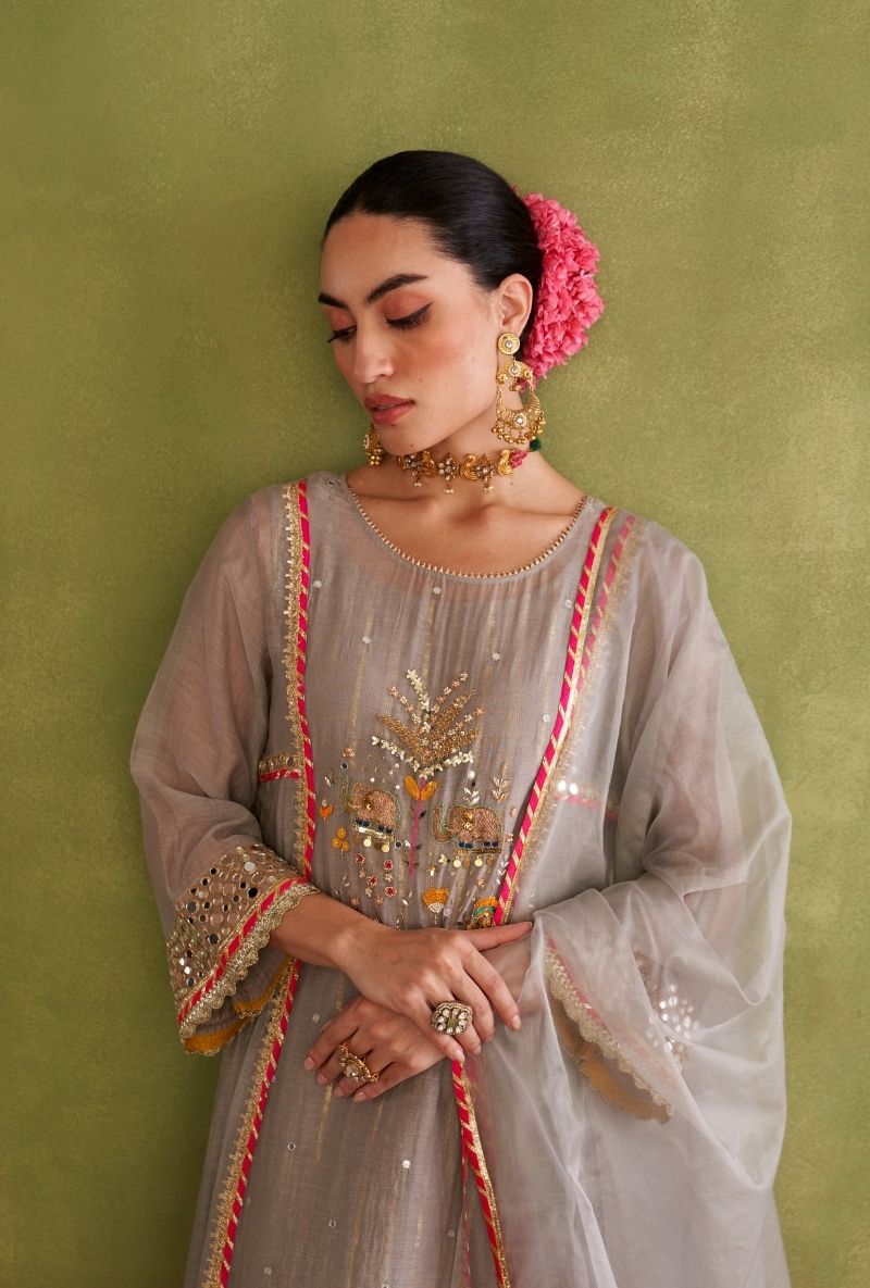 Grey Elephant Motif Morbagh Kurta Set