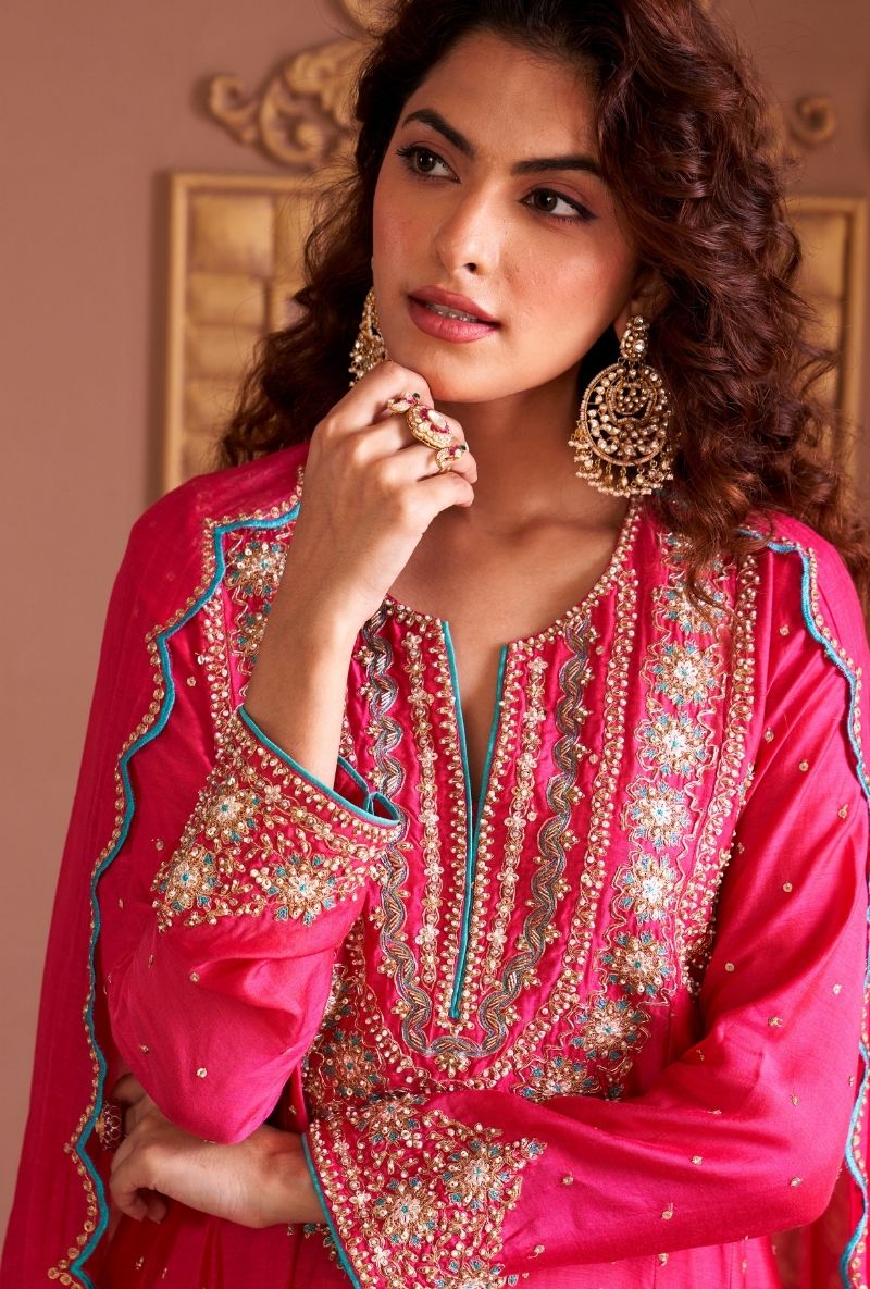 Pink Heavy Yoke Rasia Kurta Set