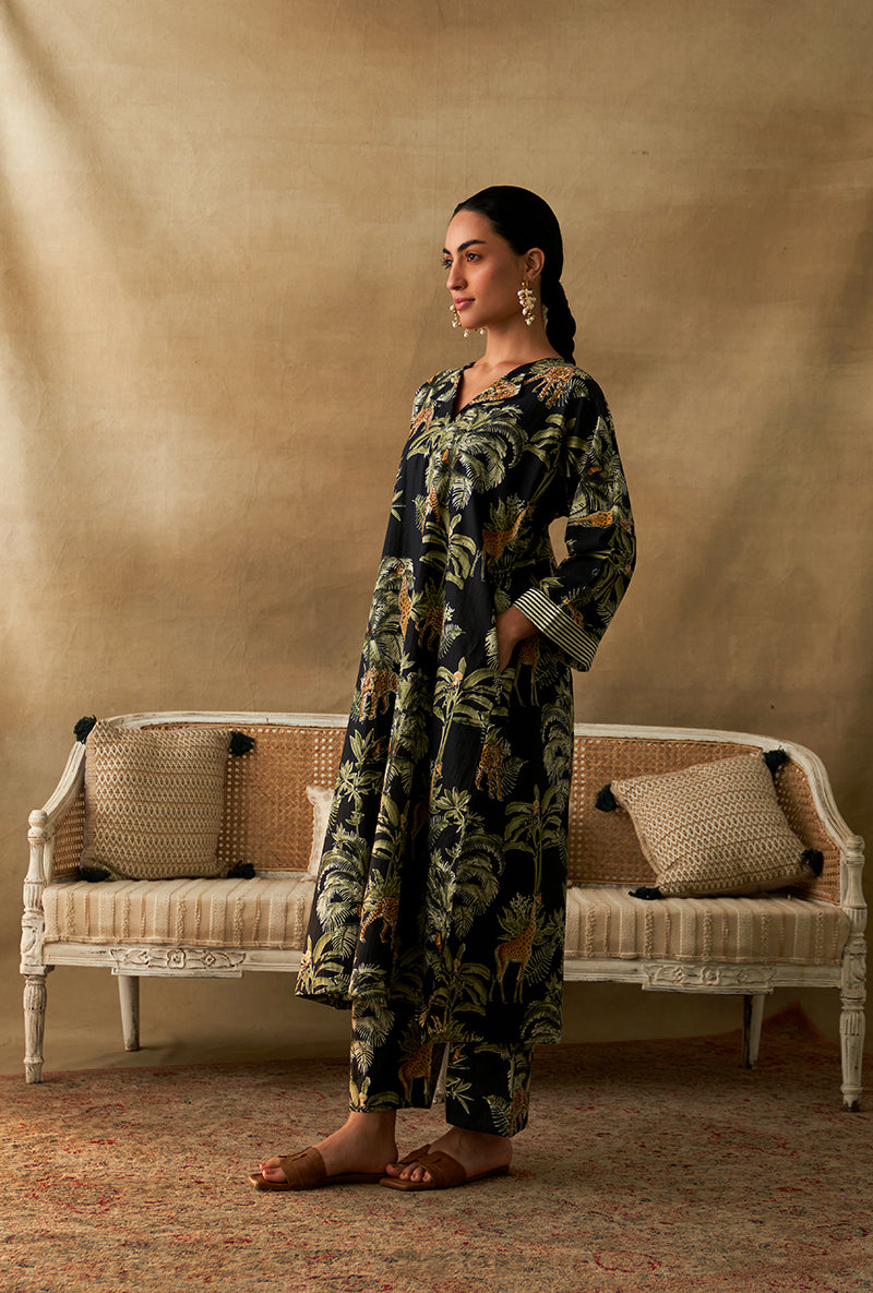 Black Giraffe Print Marigold Kurta Set