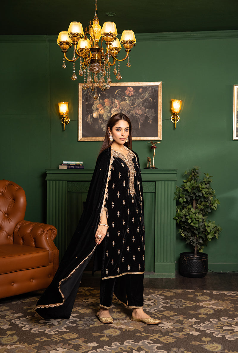 Black Velvet Heavy Neck And Butti Dastaan Kurta Set