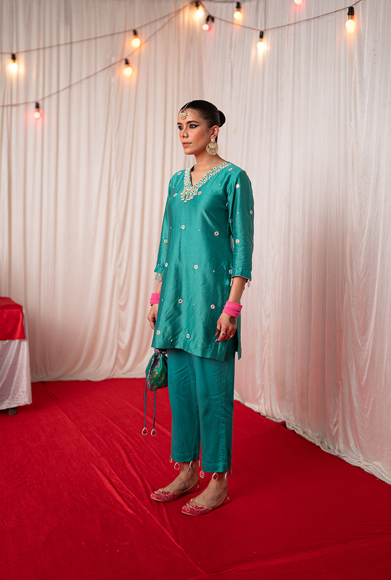 Green Embroidered Kikli Short Kurta Set