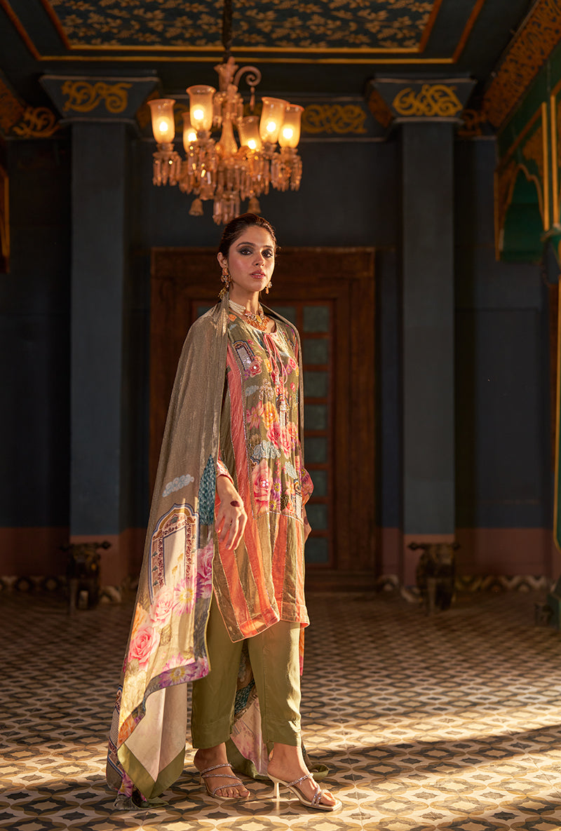 Green Printed Murad Phiran Kurta Set