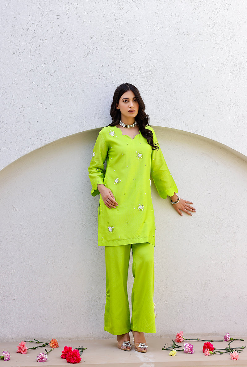 Green Scalloped Pearl Embroidered Magnolia Short Kurta Set