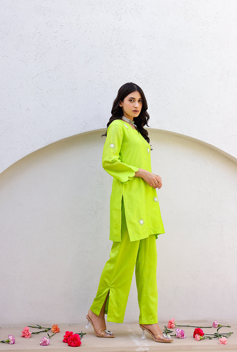 Green Scalloped Pearl Embroidered Magnolia Short Kurta Set