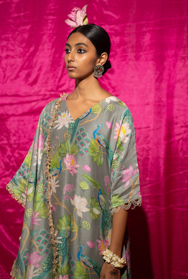 Grey Printed Long Kamli Kurta Set