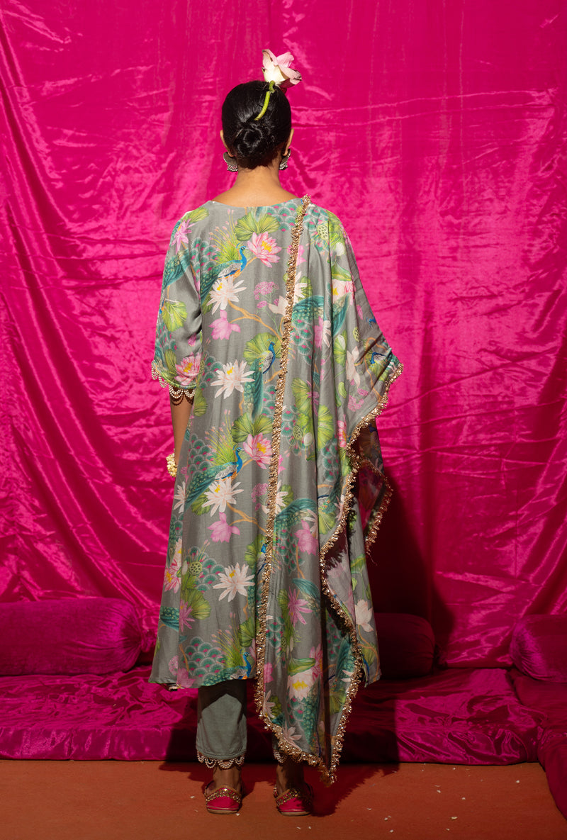 Grey Printed Long Kamli Kurta Set