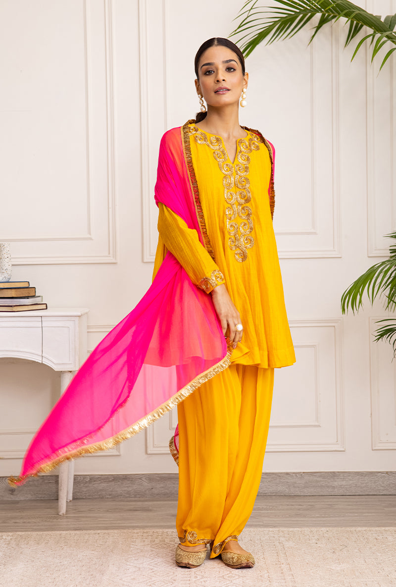 Mango Yellow Spiral Soha Salwar Set