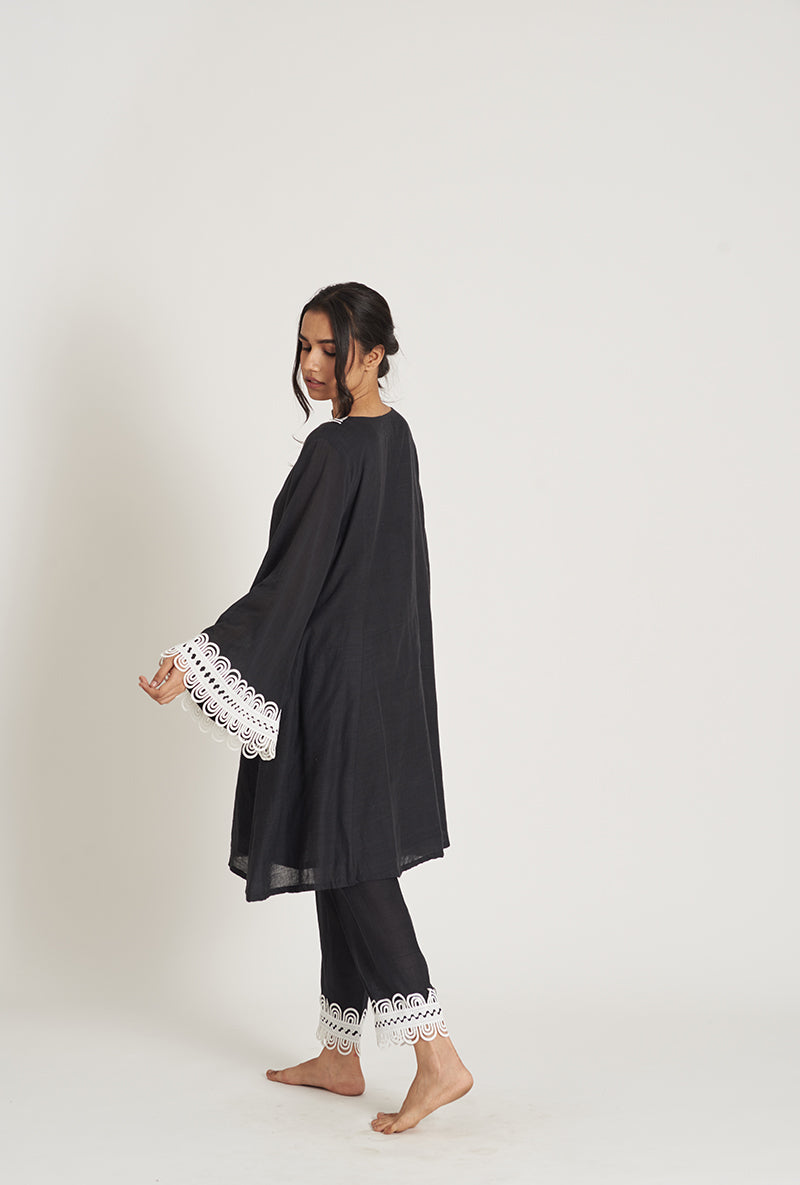 Midnight Black Pakistani-Inspired Flared Iba Pakizah Kurta Set