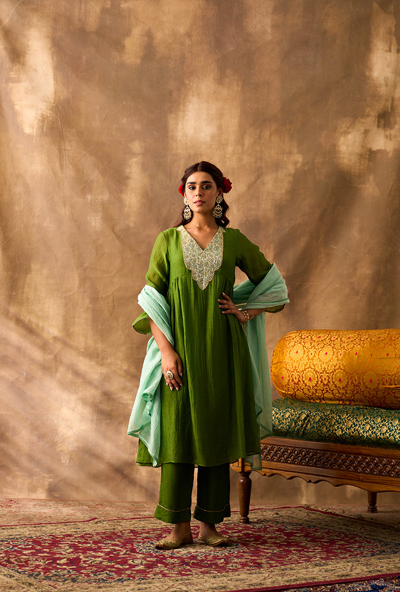 Olive Green Brocade Patch Khwaab Kurta Set