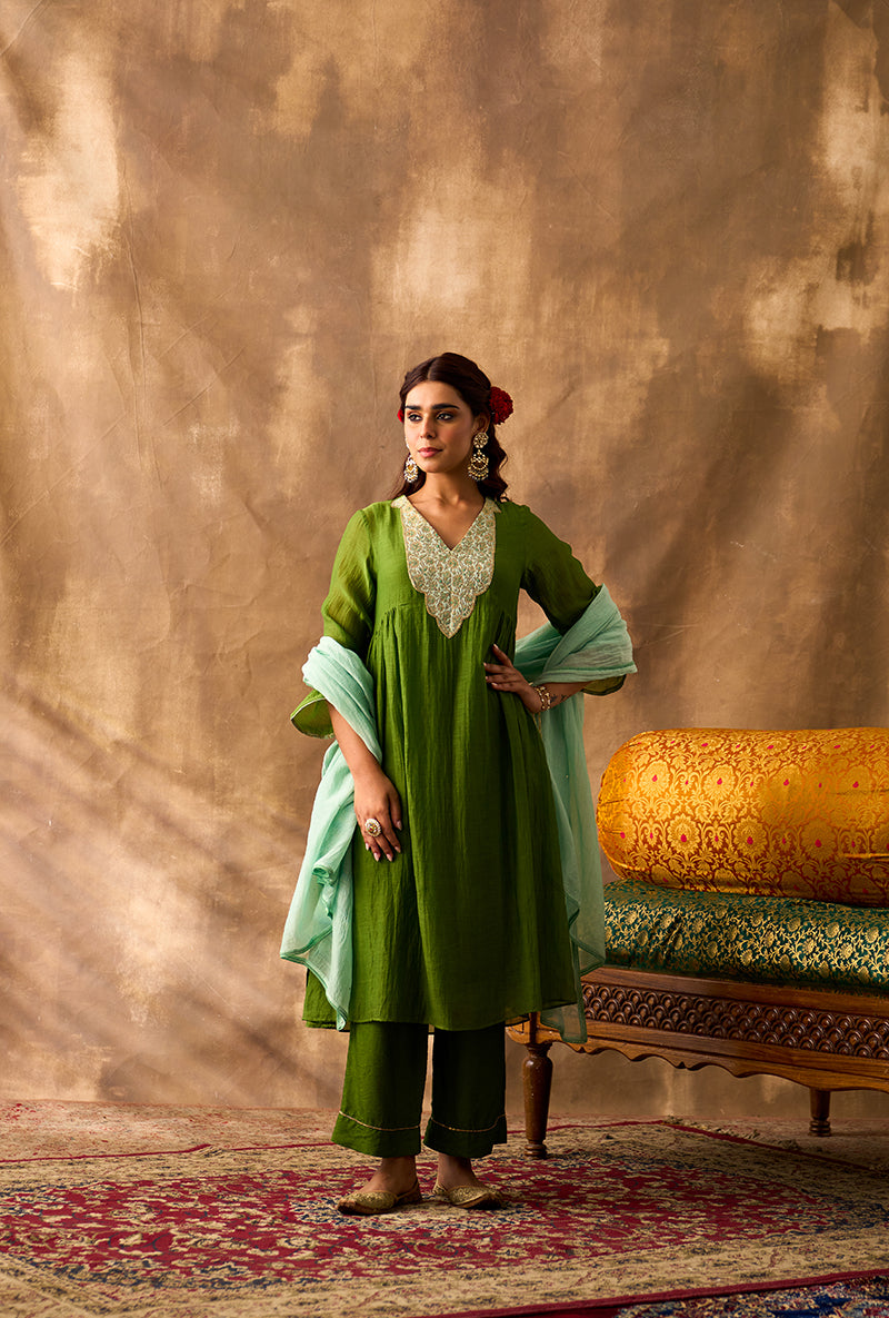 Olive Green Brocade Patch Khwaab Kurta Set