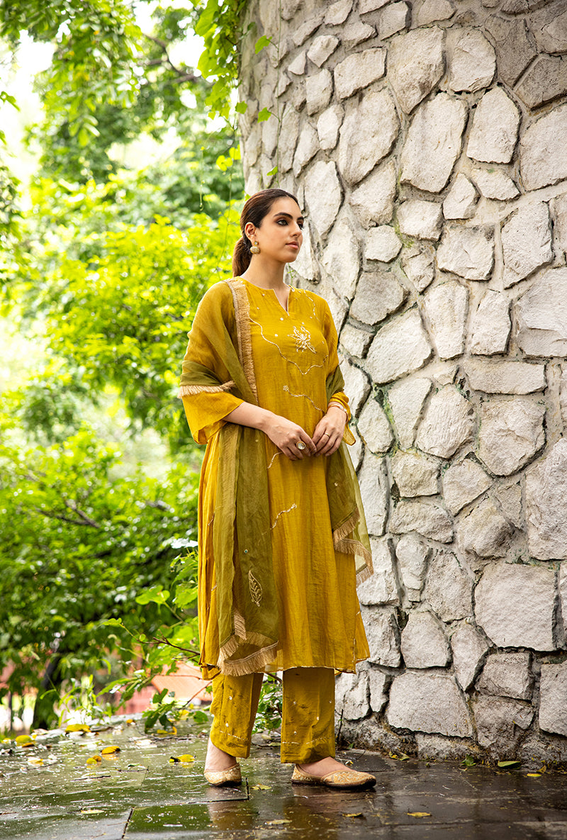 Olive Pitta Embroidery Dor Kurta Set
