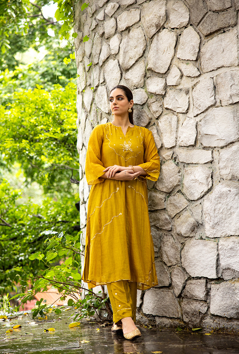 Olive Pitta Embroidery Dor Kurta Set