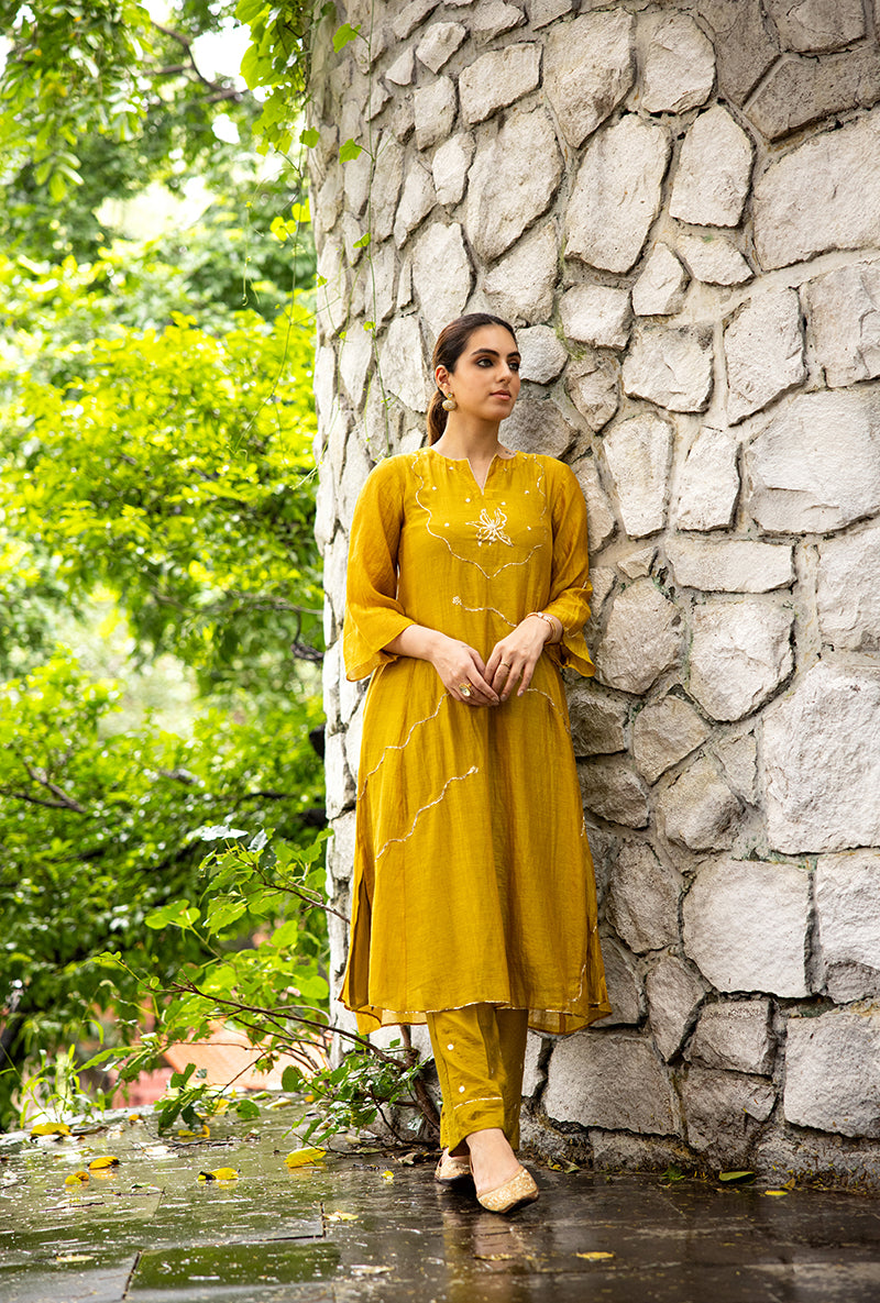 Olive Pitta Embroidery Dor Kurta Set