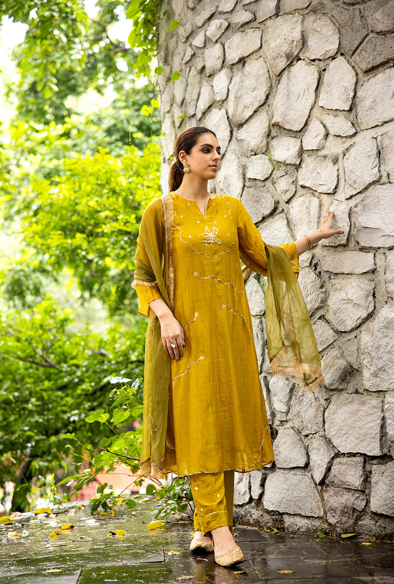 Olive Pitta Embroidery Dor Kurta Set