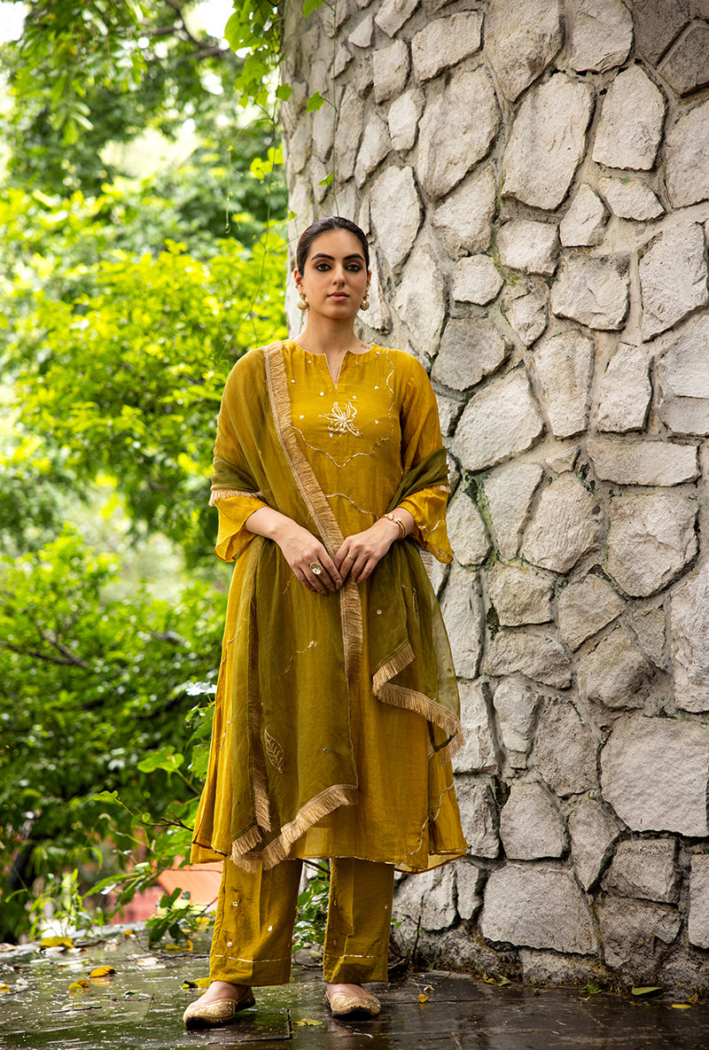 Olive Pitta Embroidery Dor Kurta Set