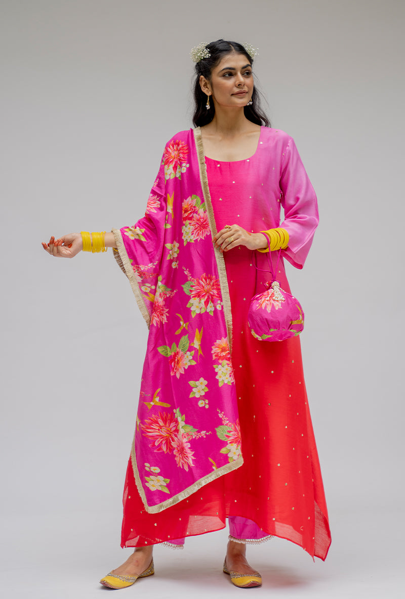 Pink Ombre Asymmetric Nyra Kurta Set