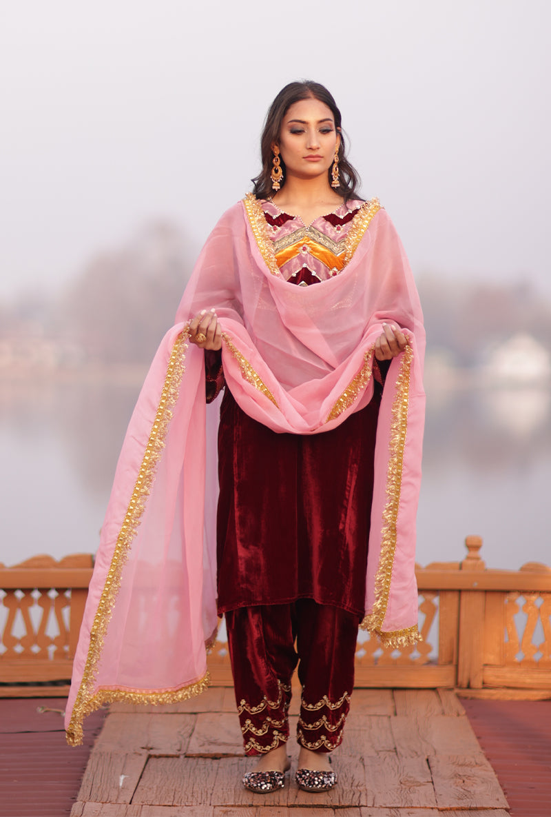 Red Silk Velvet Jannat Phiran Set