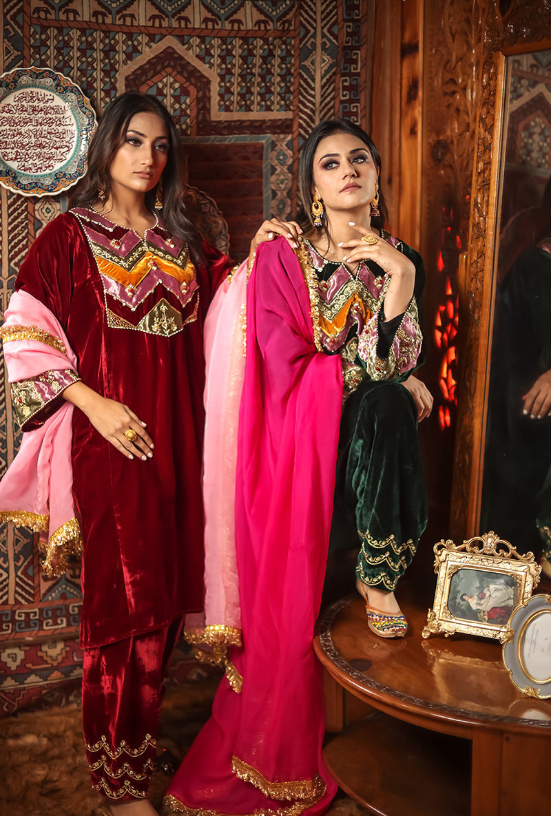 Red Silk Velvet Jannat Phiran Set