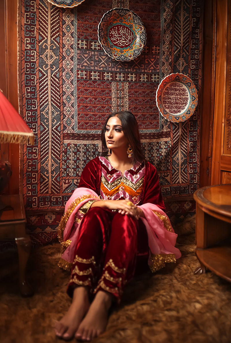Red Silk Velvet Jannat Phiran Set