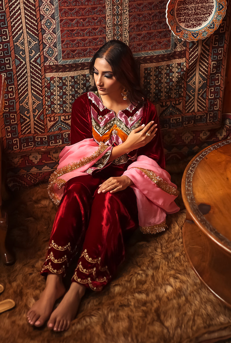 Red Silk Velvet Jannat Phiran Set