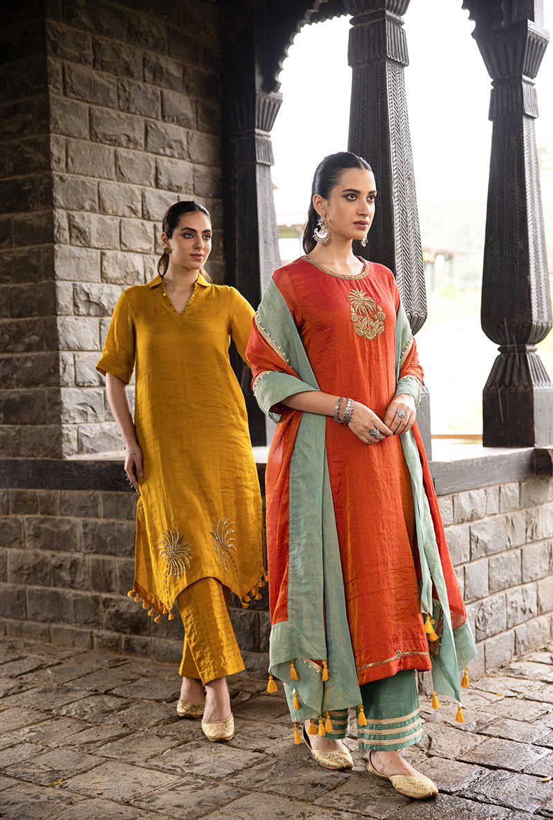 Rust Single Palm Motif Surmayi Kurta Set
