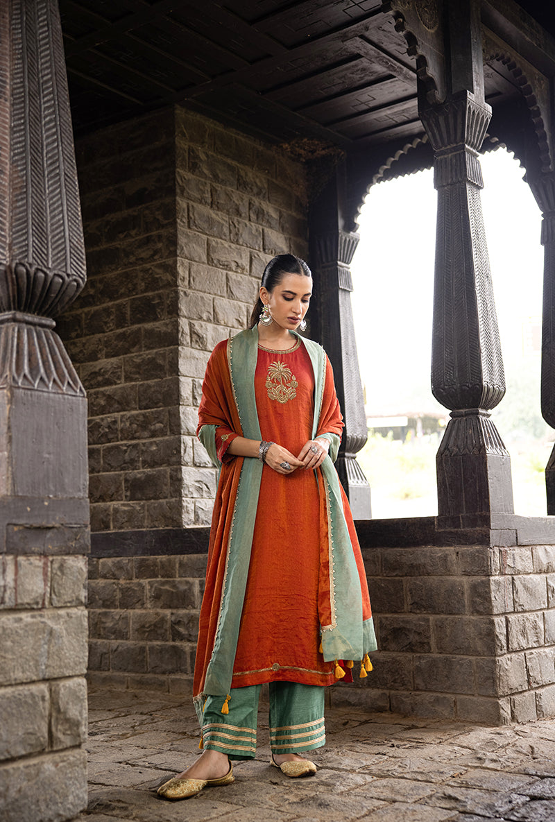 Rust Single Palm Motif Surmayi Kurta Set