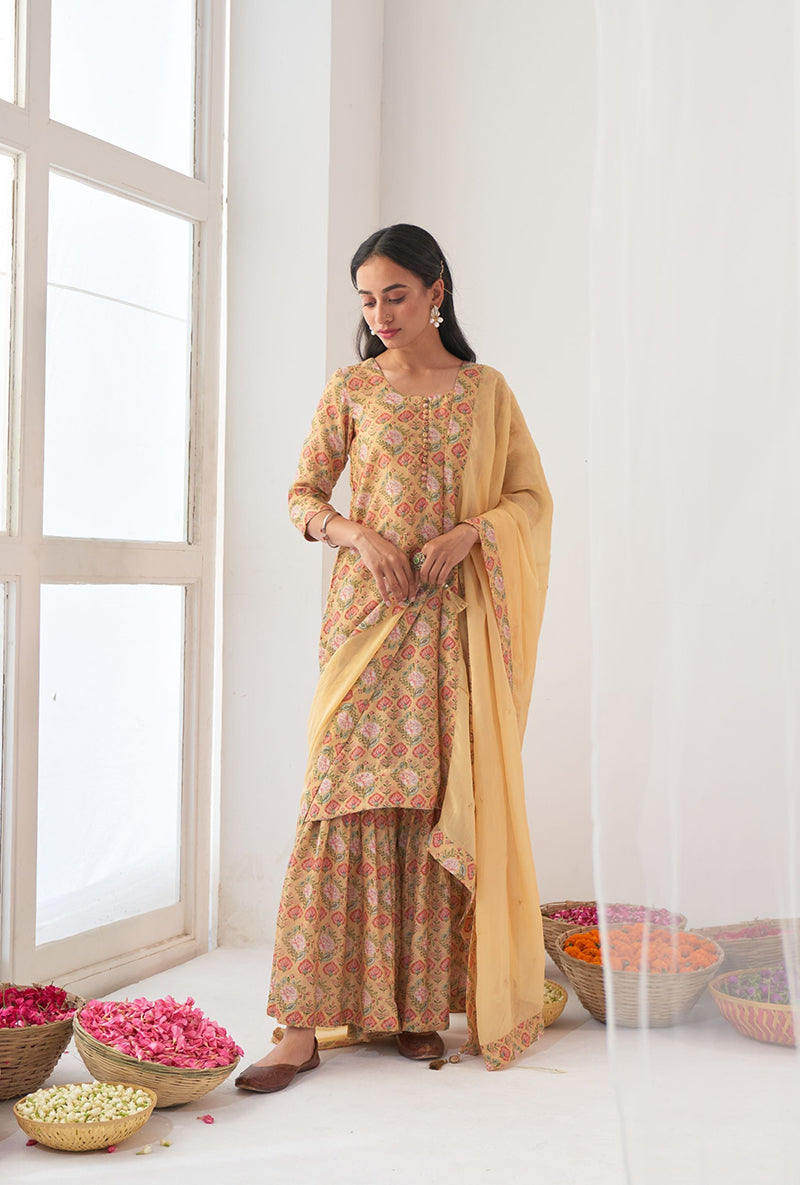 Yellow Printed Short Kurta Iris Gharara Set