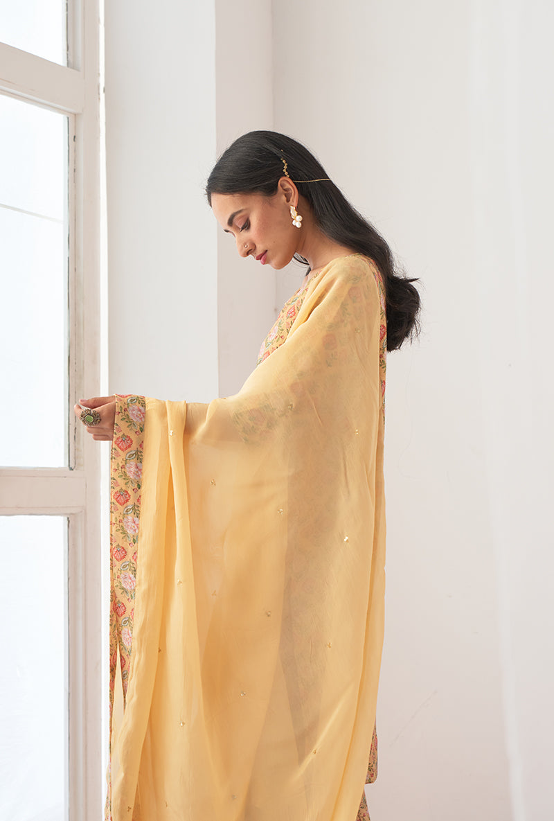 Yellow Printed Short Kurta Iris Gharara Set