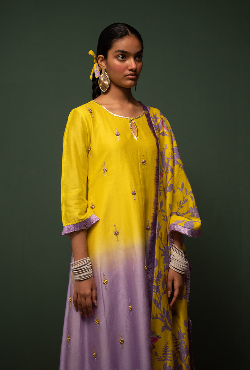 Yellow Ombre Asymmetrical Sasha Kurta Set