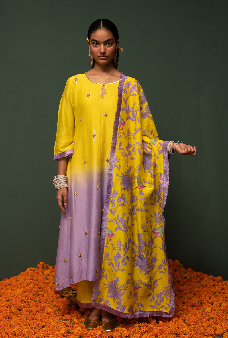 Yellow Ombre Asymmetrical Sasha Kurta Set