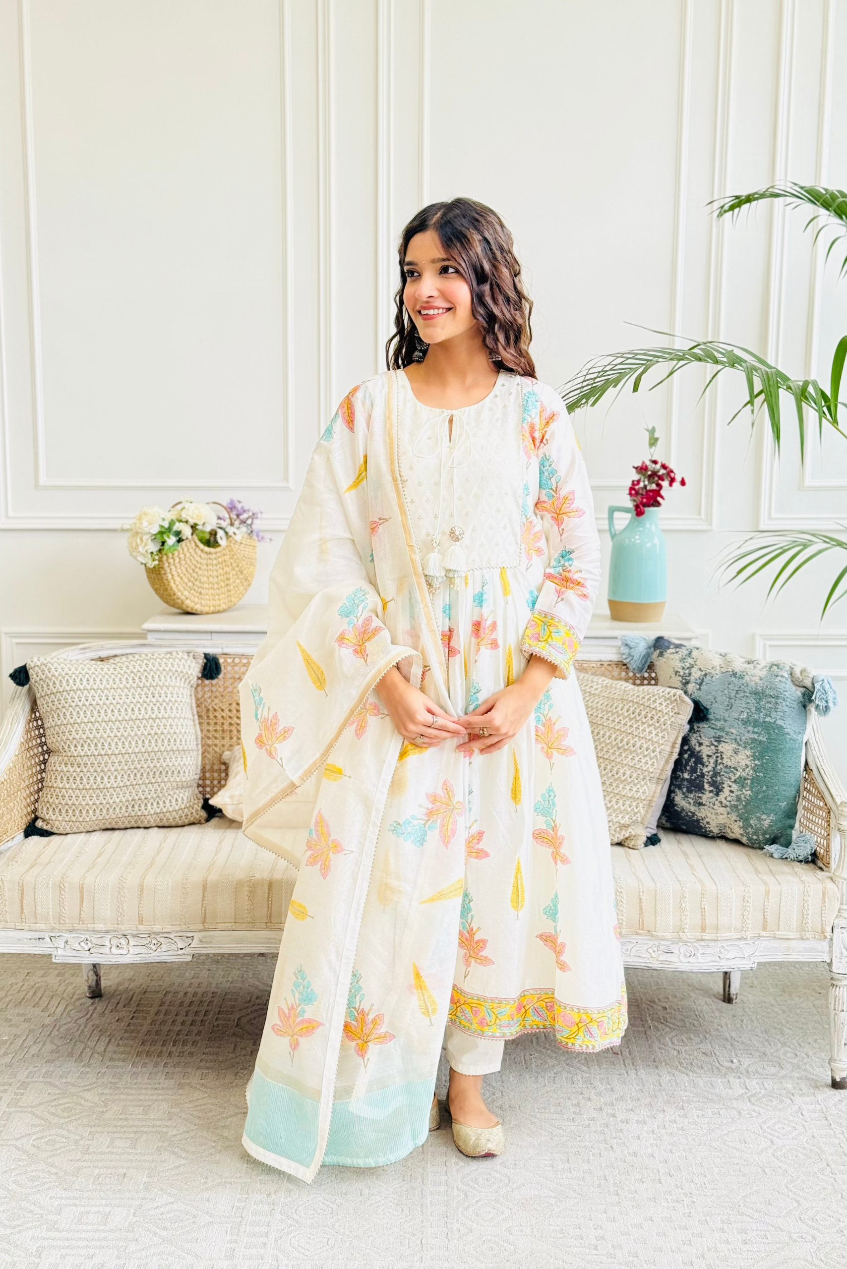 Varsha Rana in Off White Banarsi Buti Yoke Farah Anarkali Set