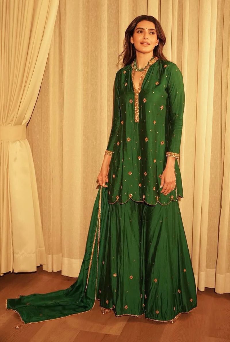 Karishma Tanna in Green Mirror Work Rani Sharara Set