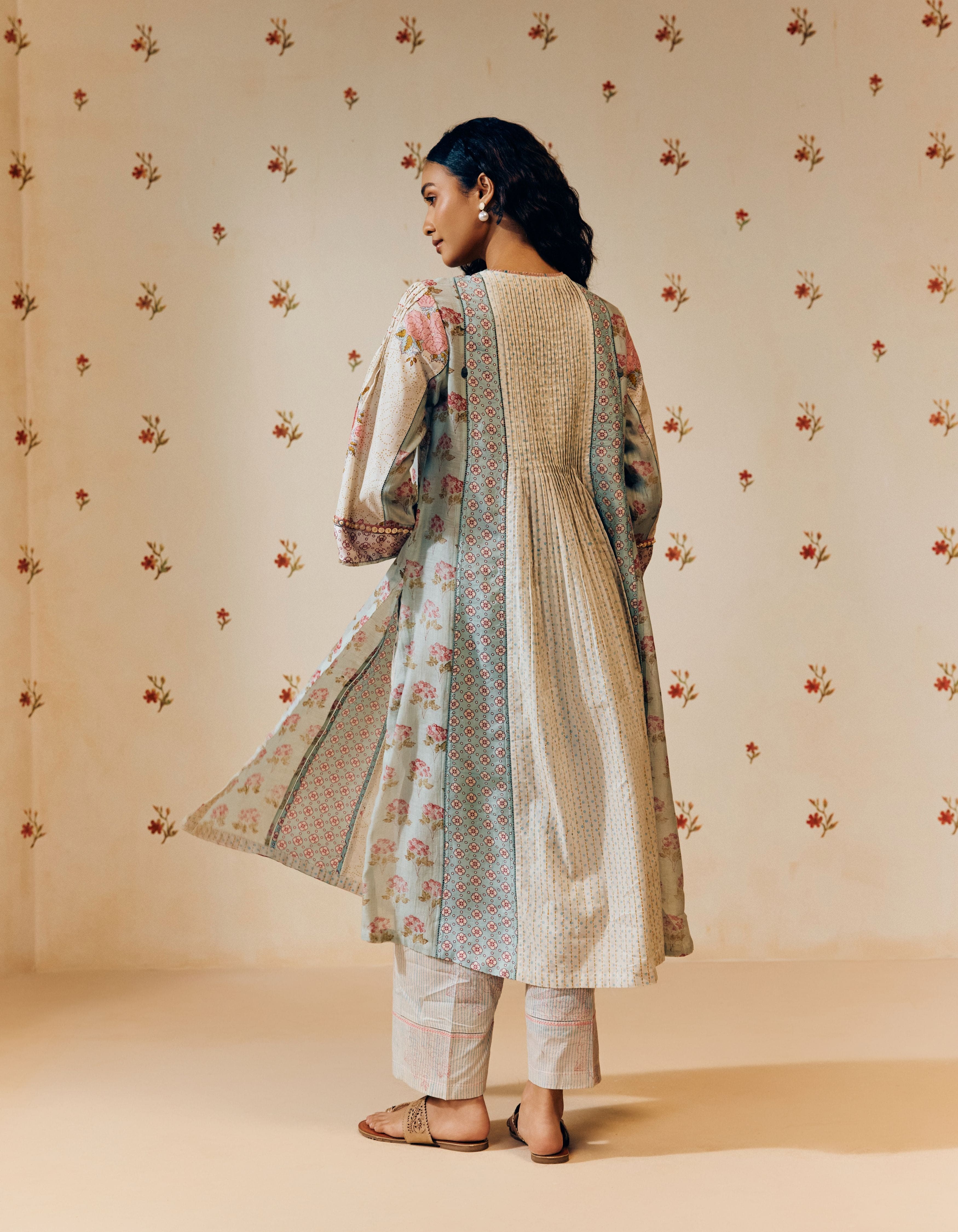 Powder Blue Hand Block Printed Multi Panel Mia Kurta Set